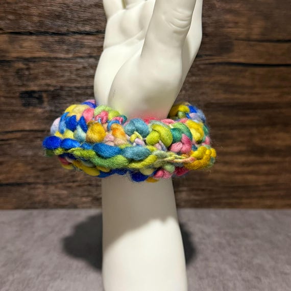 Rainbow Riot Scrunchie, Chunky 100% Wool Handmade Hair Tie, Multicolor Textured Statement Accessory Gift