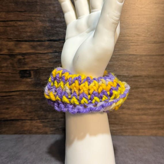 Handmade Knit Scrunchie, Purple Yellow Hair Accessory, Textured Wool Scrunchy, Retro Bubblegum Swirl Style