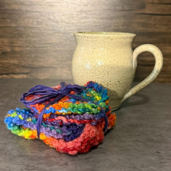 Hand Knit Rainbow Pride Mug Wrap and Coaster Set – Cozy Coffee Pairing