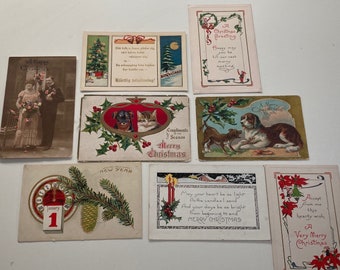 8 Antique Vintage Christmas New Years Postcards 1910s-1930s Dogs Elves Cat Postcard Holly Lot