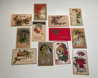 12 Antique Postcards 1910s-1930s New Years Christmas Holly Poinsettia Vintage Cards Winter Xmas New Years Greetings Holiday