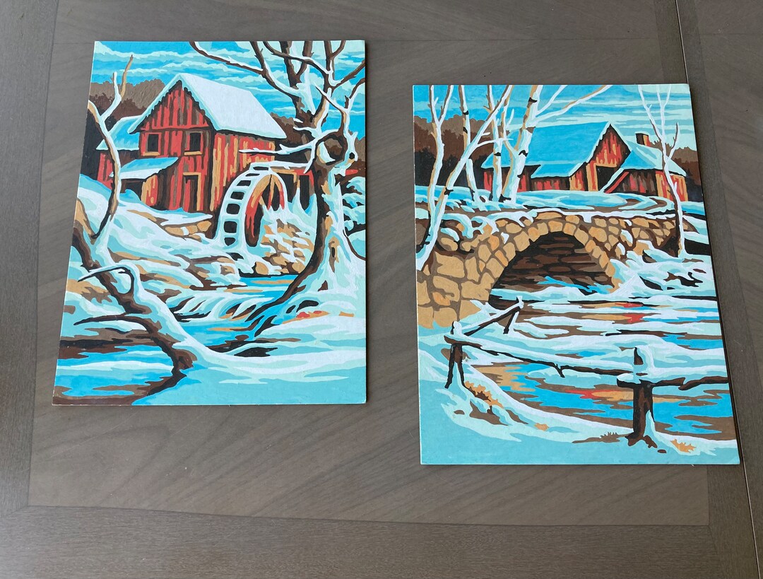 Lot of 2 Vintage Paint by Number PBN Winter Landscape