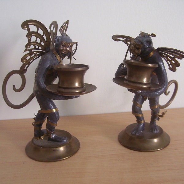 Unique Flying Monkey Candle Holders with Comedy Tragedy Masks Brass and Pewter