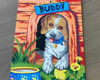 Vintage Dog Paint By Number PBN Adorable Puppy Buddy Colorful Retro Kitschy Painting Dog with Tennis Ball is Dog House