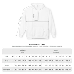 May include: A plain white hooded sweatshirt with a front kangaroo pocket and long sleeves. The image includes a size chart for Gildan SF500, displaying width, length, and sleeve length measurements in inches ranging from 20.0 to 41.0 inches.