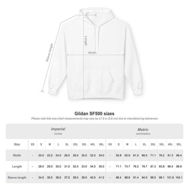 May include: A plain white hooded sweatshirt with a front kangaroo pocket and long sleeves. The image includes a size chart for Gildan SF500, displaying width, length, and sleeve length measurements in inches ranging from 20.0 to 41.0 inches.
