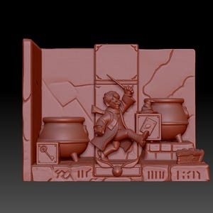 May include: A reddish-brown relief sculpture featuring a young wizard with a wand, two cauldrons, and other magical elements. The sculpture includes a key, cards, and a golden snitch.