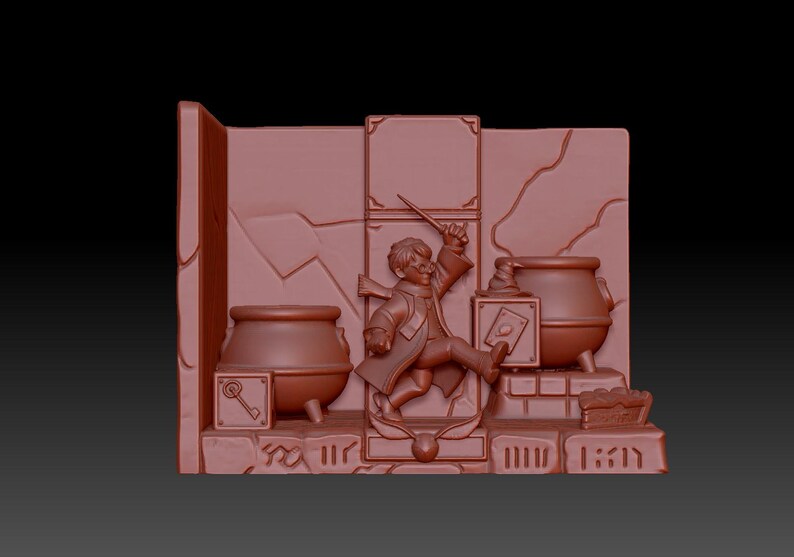 May include: A reddish-brown relief sculpture featuring a young wizard with a wand, two cauldrons, and other magical elements. The sculpture includes a key, cards, and a golden snitch.