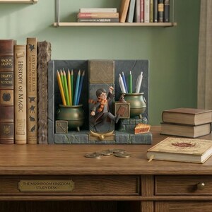 May include: A desk organizer featuring a Harry Potter theme. It includes a central figure of Harry Potter, pencil holders, and a stack of books. The desk is made of wood and has a small plaque that reads "The Mushroom Kingdom - Study Desk."