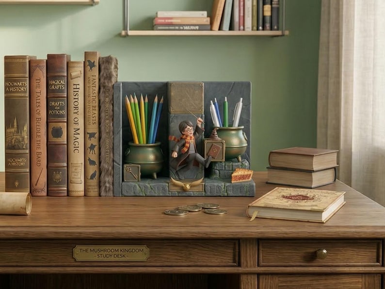 May include: A desk organizer featuring a Harry Potter theme. It includes a central figure of Harry Potter, pencil holders, and a stack of books. The desk is made of wood and has a small plaque that reads "The Mushroom Kingdom - Study Desk."