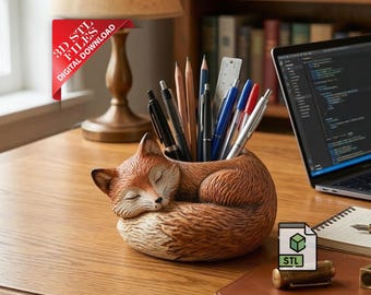 Cute Fox Pencil Holder 3D STL File | Animal Desk Organizer Digital Download | Woodland Office Decor 3D Print File | Kawaii Fox Pen Cup