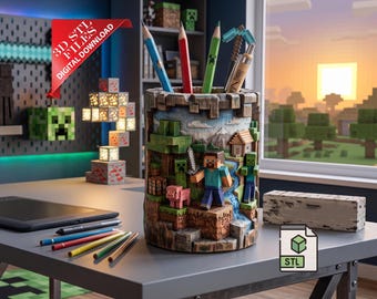 Pixel Block Pencil Holder 3D STL File | Voxel Gamer Desk Organizer Digital Download | 8-Bit Terrain Pen Cup | Geeky Room Decor Print