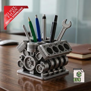 May include: A silver-colored pen holder shaped like an engine block, holding pens and a wrench. The desk organizer has a rectangular base and a detailed engine design. A red banner reads "3D STL FILES DIGITAL DOWNLOAD".
