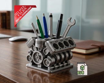 Engine Block Pencil Holder 3D STL File | Mechanic Desk Organizer Digital Download | Gearhead Pen Cup | Car Enthusiast Gift Print | V8 Pot