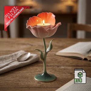 Poppy kandelaar 3D STL-bestand | Bloemenkandelaar botanisch decor (digitale download)