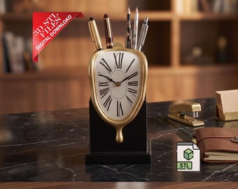 Melting Clock Pencil Holder 3D STL File | Salvador Dali Surreal Desk Organizer Digital Download | Abstract Art Pen Cup | Quirky Decor Print
