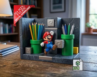 Retro Video Game Pipe Bookend & Pen Holder 3D STL File | Gamer Desk Organizer Digital Download | 8-Bit Arcade Book Holder 3D Print File