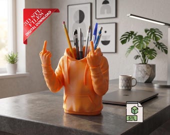 Middle Finger Sweatshirt Pencil Holder 3D STL File | Funny Desk Organizer Digital Download | Gag Gift Pen Cup | Edgy Office Decor Print