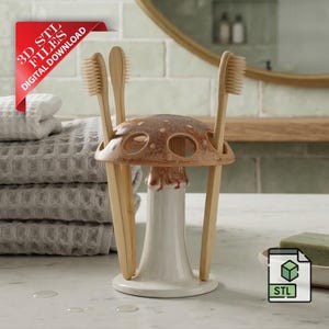 Mushroom Toothbrush Holder 3D STL File| Cottagecore Bathroom Organizer Digital Download | Toadstool Decor 3D Print File | Washroom Accessory