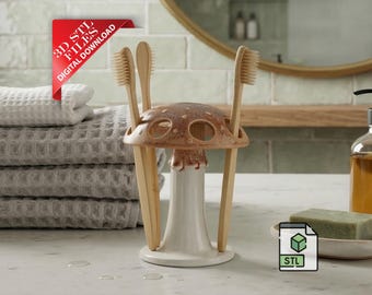Mushroom Toothbrush Holder 3D STL File| Cottagecore Bathroom Organizer Digital Download | Toadstool Decor 3D Print File | Washroom Accessory