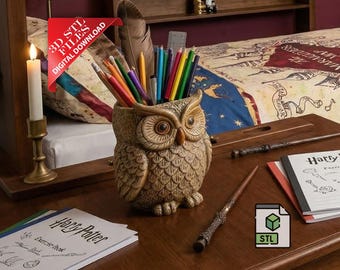 Wizarding Owl Pencil Holder 3D STL File | Magic School Bird Desk Organizer Digital Download | Witchcraft & Wizardry Pen Cup 3D Print File