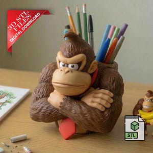 Monkey kong Pencil Holder 3D STL File | Retro Arcade Gorilla Desk Organizer Digital Download |Jungle Boss Pen Cup 3D Print File | Gamer Gift