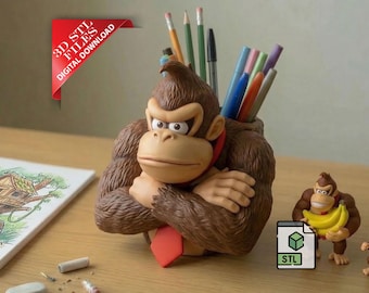 Monkey kong Pencil Holder 3D STL File | Retro Arcade Gorilla Desk Organizer Digital Download |Jungle Boss Pen Cup 3D Print File | Gamer Gift