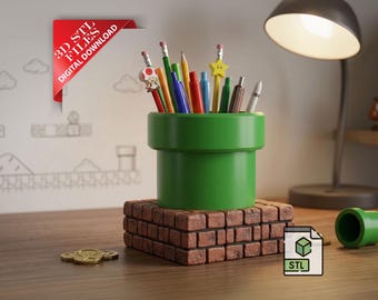 Warp Pipe Pencil Holder 3D STL File | Retro VideoGame Desk Organizer Digital Download| Plumber Pipe Pen Cup 3D Print File | Gamer Room Decor