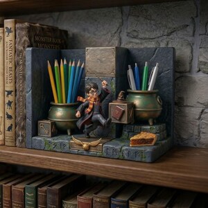 May include: A detailed bookshelf organizer featuring a Harry Potter theme. The organizer includes pencil holders shaped like cauldrons, a miniature Harry Potter figure, and a golden snitch. Books with titles like "History of Magic" and "Fantastic Beasts" are visible.