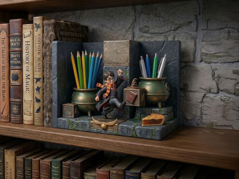 May include: A detailed bookshelf organizer featuring a Harry Potter theme. The organizer includes pencil holders shaped like cauldrons, a miniature Harry Potter figure, and a golden snitch. Books with titles like "History of Magic" and "Fantastic Beasts" are visible.