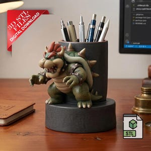 Spiky Shell Boss Pencil Holder 3D STL File | Dragon King Desk Organizer Digital Download | Koopa Villain Pen Cup | Retro Gamer Decor