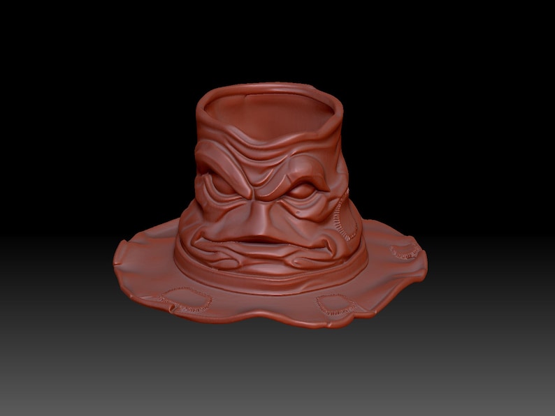 May include: A reddish-brown, stylized Sorting Hat sculpture with a face, wide brim, and a cylindrical crown. The hat has a textured surface with stitched details and a stern expression. The hat is a prop from a fantasy series.