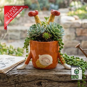 Puede incluir: Maceta de cerámica naranja con forma de persona, llena de suculentas. La maceta tiene un diseño de cara sonriente. La imagen también incluye una regadera, un libro y el texto "3D STL FILES DIGITAL DOWNLOAD".