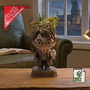 May include: A decorative planter shaped like a cartoon character with glasses, holding a wand and an owl. The character's head is filled with succulents. The planter sits on a brown base. A red banner in the corner reads "3D STL FILES DIGITAL DOWNLOAD".