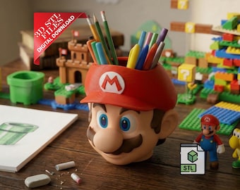 Retro videogameheld Mario PencilHolder 3D STL-bestand | Italiaanse loodgieter bureauorganizer digitale download | 8-bits Arcade Pen Cup 3D-afdrukbestand