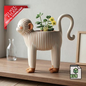 Minimalist Monkey Planter 3D STL File | Animal Succulent Pot Digital Download | Safari Nursery Decor | Macaque Flower Pot