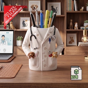 May include: A white ceramic pen holder shaped like a doctor's coat, with a stethoscope and paw prints. It holds pens and has pockets with a puppy and kitten. A laptop displays a veterinary medicine website. A red banner says "3D STL FILES DIGITAL DOWNLOAD".