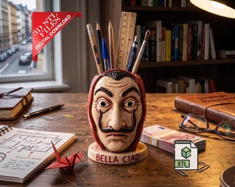 Heist Mask Pencil Holder 3D STL File | Bella Ciao Desk Organizer Digital Download | Resistance Pen Cup | Pop Culture Gamer Decor Print