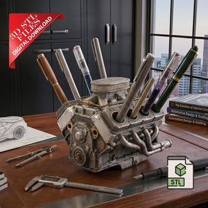 May include: A V8 engine block shaped pen holder with a metallic finish, featuring multiple cylindrical openings for storing pens. The object is designed as a 3D STL file for digital download, displaying realistic engine components like exhaust manifolds.