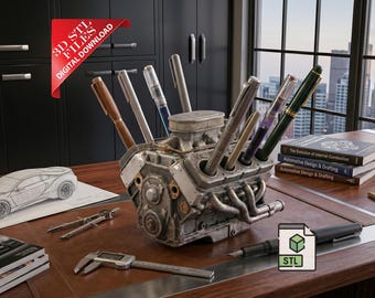 V8 Engine Pencil Holder 3D STL File | Gearhead Mechanical Desk Organizer Digital Download | Single Color Easy Print Cup | Car Gift Organizer
