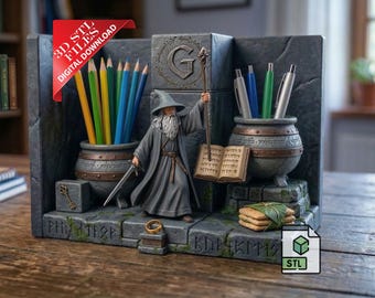 Wizard Bookend & Pen Holder 3D STL File | Fantasy Sorcerer Desk Organizer Digital Download | Magic Mage Book Holder  | Grey Wizard Bookend