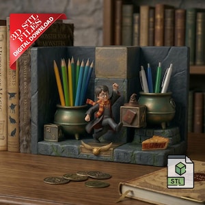 Wizard boy Bookend &Pen Holder 3D STL File | Magic School Desk Organizer Digital Download| Witchcraft Wizardry Book Holder 3DPrint File image 2