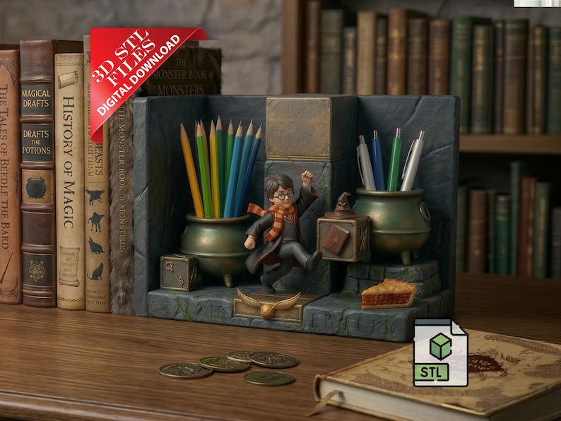 Wizard boy Bookend &Pen Holder 3D STL File | Magic School Desk Organizer Digital Download| Witchcraft Wizardry Book Holder 3DPrint File image 2
