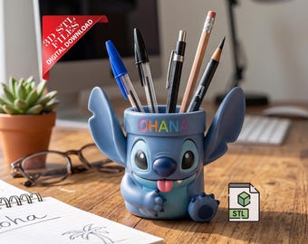 Hawaiian Pet Pencil Holder 3D STL File | Cute Blue Alien Desk Organizer Digital Download | Extraterrestrial Pen Cup | Kawaii Room Decor