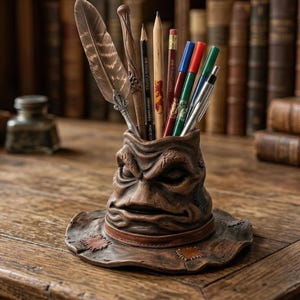 May include: A brown, sculpted pen holder shaped like a wizard's hat, filled with pencils, pens, and a feather. The holder sits on a wooden desk with books in the background. The hat has a leather band and patches.
