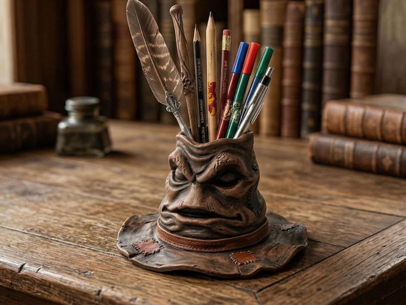 May include: A brown, sculpted pen holder shaped like a wizard's hat, filled with pencils, pens, and a feather. The holder sits on a wooden desk with books in the background. The hat has a leather band and patches.