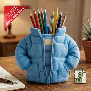 Jarrón con forma de chaqueta acolchada (archivo STL 3D) / Organizador multiusos para abrigos de invierno (descarga digital) / Portalápices con forma de chaqueta acolchada (archivo de impresión 3D) / Decoración original