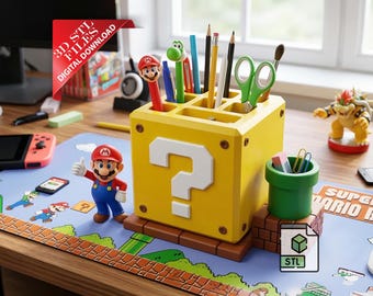 Mystery Block Desk Organizer 3D STL File | Lucky Cube Multi-Purpose Box Digital Download | Retro Arcade Question Mark 3D Print File
