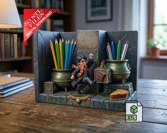 Wizard boy Bookend &Pen Holder 3D STL File | Magic School Desk Organizer Digital Download| Witchcraft Wizardry Book Holder 3DPrint  File