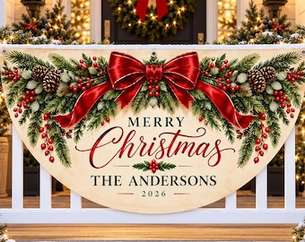 Personalized Christmas Bunting, Family Name & Year Porch Decor, Red Bow Semicircle Holiday Flag, Elegant Railing Decor